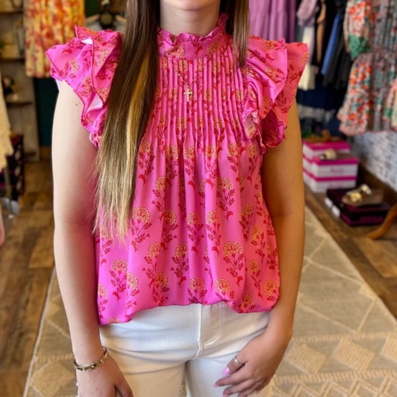 Ruffled Floral Printed Mock Neck Cap Sleeve Blouse Pink - Picture 1 of 6